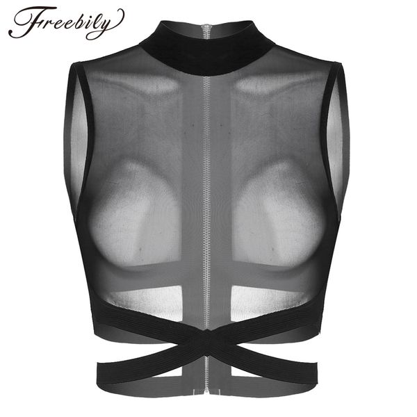 

womens ladies clubwear tanks sleeveless round neck sheer mesh zipper back elastic strappy criss cross festival crop top, White