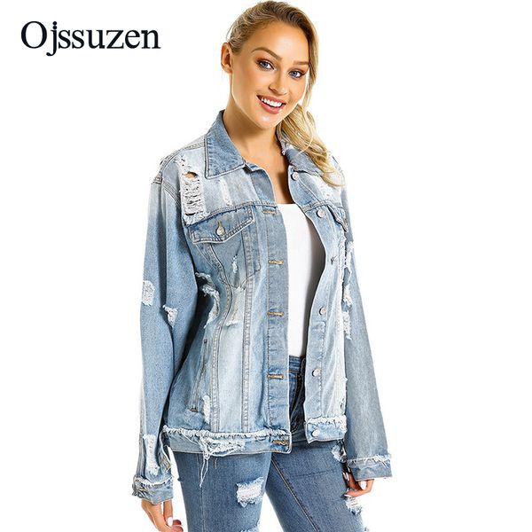 

women's frayed denim jackets loose plus size coats autumn vintage ripped hole jackets woman's washed overcoats, Black;brown