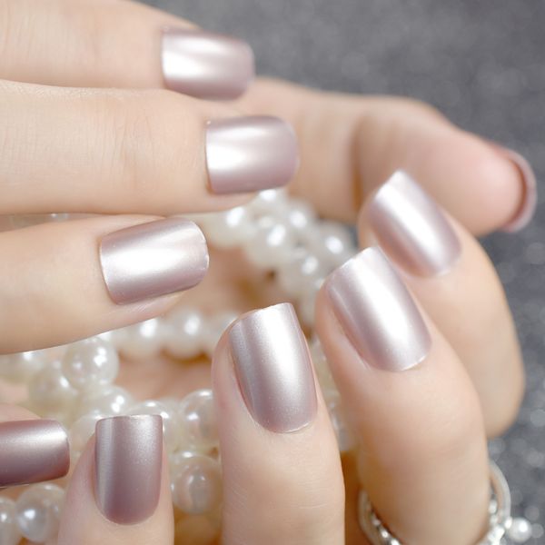 

champagne metallic short false nails tips pearl frosted feel full cover artificial fake nail for home office faux ongles, Red;gold