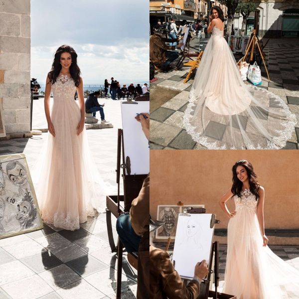 

innocentia beach wedding dresses illusion lace bridal gowns sweep train sleeveless backless boho wedding dress vestido de novia, White