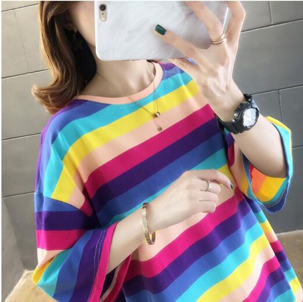 

color stripe short sleeve t-shirt loose medium long student fashion large women's top, White