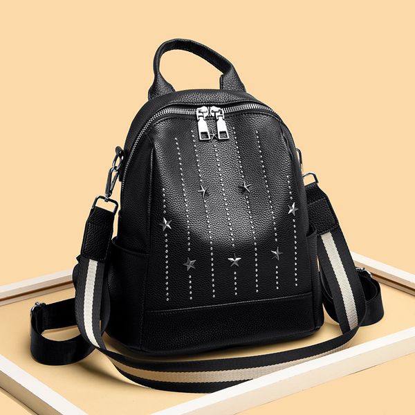 

women's double back bag 2020 new large capacity textured black single shoulder bag pu