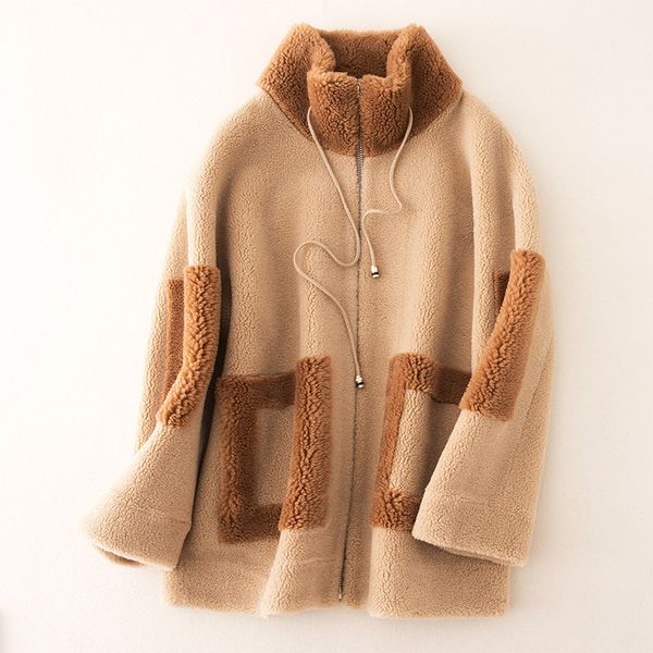 

2019 new real wool fur coat women streetwear cashmere coat casual warm winter coats women jacket fashion lady outerwear mujer, Black