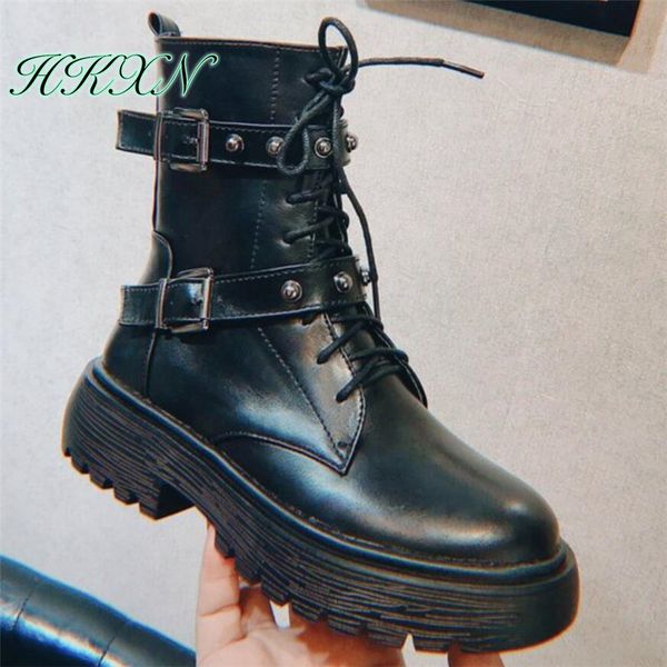

hkxn 2019 new fashion motorcycle boots women leather spring autumn metal buckle size zipper lace-up black ankle boots woman