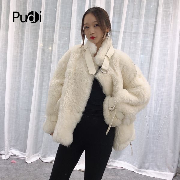 

pudi tx223913 women winter leisure real sheep fur coat jacket overcoat lady fashion genuine fur coat outwear, Black
