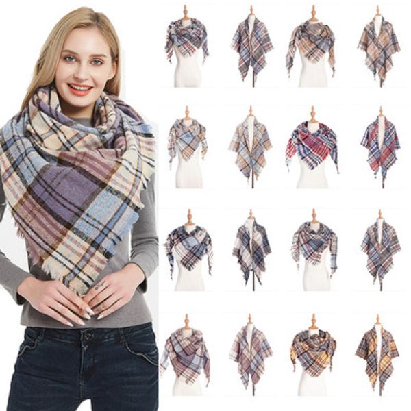 

2019 women plaid scarves grid tassel oversized check shawl tartan cashmere triangle scarf winter neckerchief new design wraps, Blue;gray