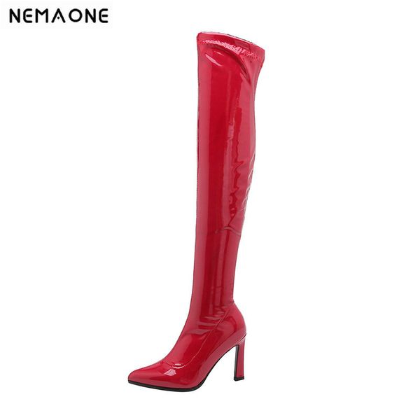 

nemaone women over the knee boots patent leather high heels woman club dancing shoes winter women boots large size 34-43, Black