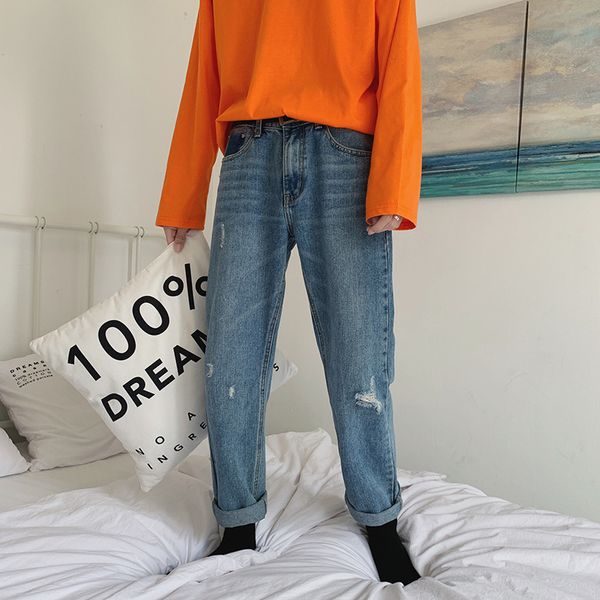 

2020 spring and autumn new youth popular simple ripped jeans fashion casual solid color wild straight pants blue -2xl