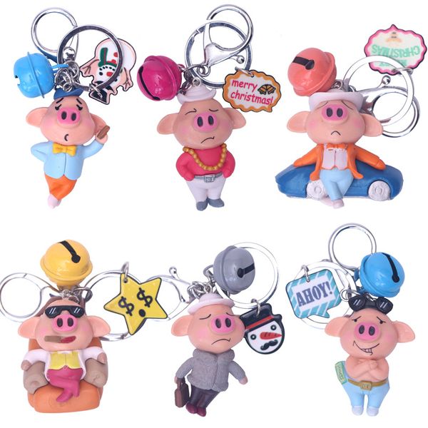 

6pcs/lot cute pvc pig keychain keyring for women girl bag charm jewelry animal doll figure bell car key chain key ring gift, Silver