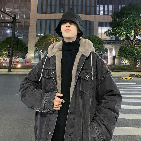 

winter men's waterproof parkas snow denim jacket in warm cowboy cotton-padded clothes thickening velvet coats blue/grey trench, Black