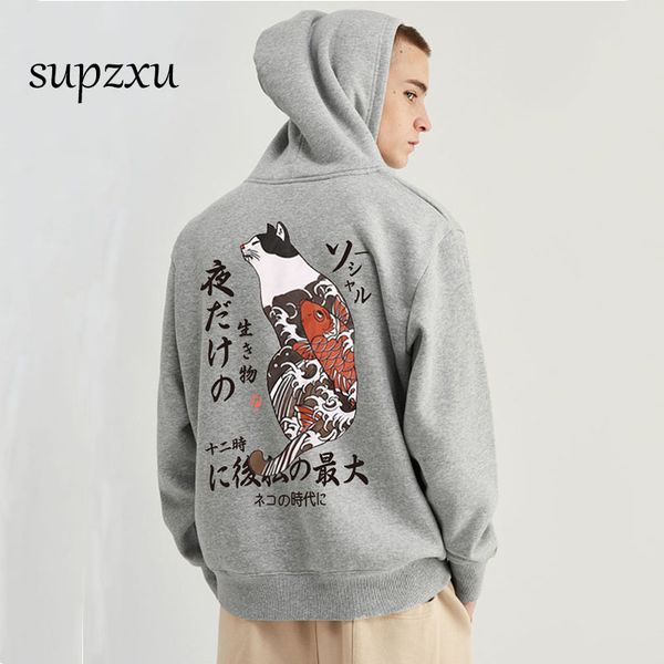 

2019 japanese style funny cat 3d wave printed fleece hoodies winter japan style harajuku hip hop casual sweatshirts streetwear, Black