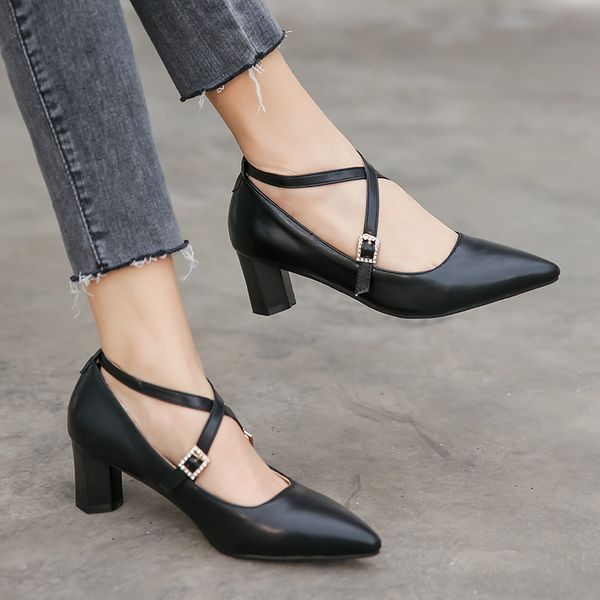 

dress shoes big size 33-48 sweet women pumps fashion square high heels pointed toe ladies pu leather bickle party, Black