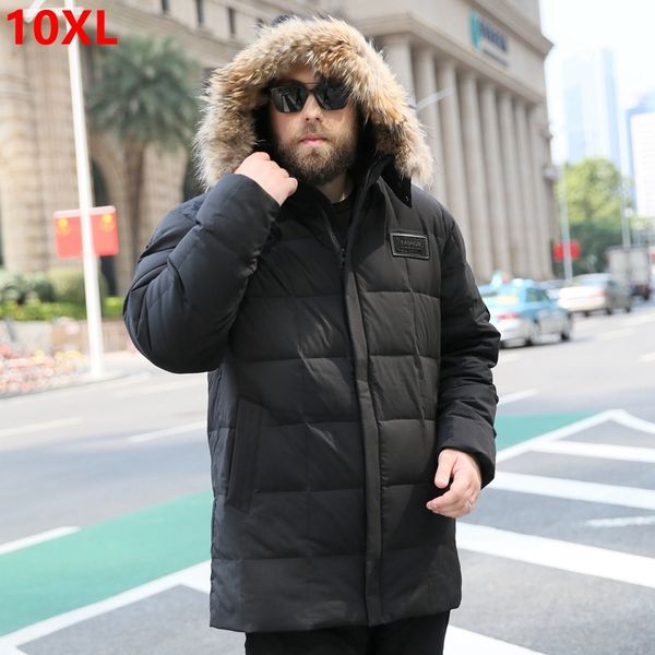 

white duck down men's plus fertilizer  down jacket 8xl jacket extra large long fur collar parka men, Black