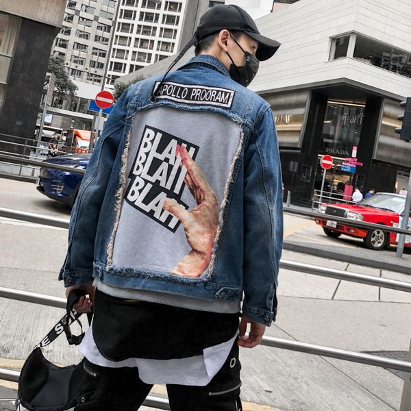

denim jacket men windbreakers jeans jacket cardigan letter texture sticker decoration hip hop long sleeve hole mens jackets coat, Black;brown