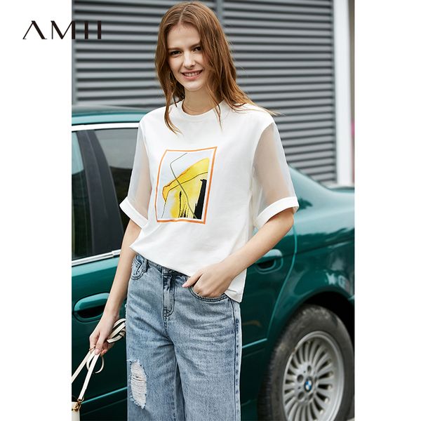 

amii minimalist print cotton t-shirt summer women fashion mesh perspective sleeve short sleeve loose female tee 11930085, White
