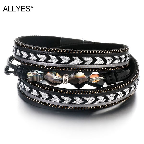 

allyes кристалл кожаные браслеты для женщин ретро boho стиль ткачество широкий многослойный браслет браслеты женские ювелирные изделия, Golden;silver