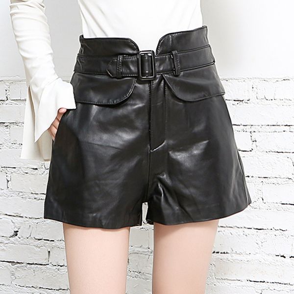

women's shorts high waist genuine leather femme design slim sheepskin wide leg short pants 2021 street red black ladies sexy, White;black