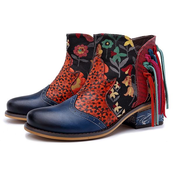 

sondr fringe ankle boots for women genuine leather ethnic retro fashion square heel shoes woman booties platform big size botas, Black