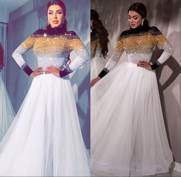 

luxury beaded sparkling evening dresses 2020 elegant crystal gold evening gowns long sleeve party dresses rhinestones robe de soiree, Black;red
