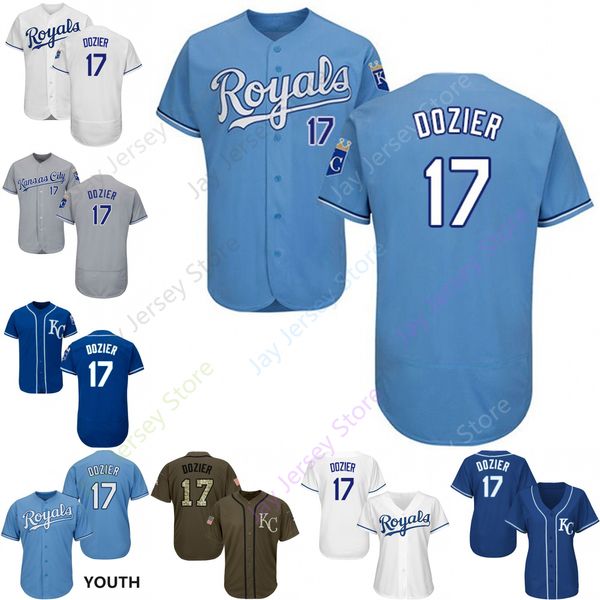 

2019 Kansas City 17 Hunter Dozier Jersey Royals Jerseys Cool Base Flexbase Home Away White Black Red Grey Pullover Button Men Women Youth