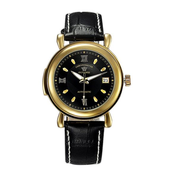 

gorben stainless steel case automatic mechanical mens watch leather band fashion wristwatch sport watch, Slivery;brown
