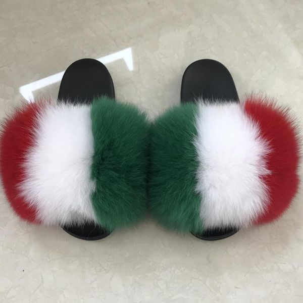 

slippers women fur furry raccoon female slides home flat sandals cute fluffy house woman plus shoes, Black