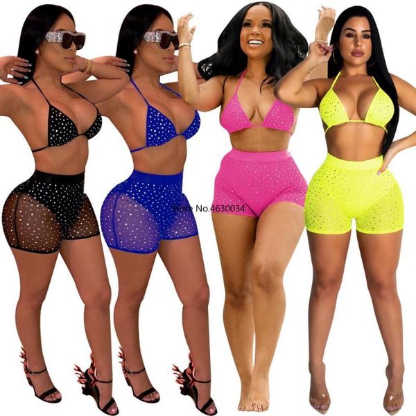 

2020 new women summer drilling rhinstones halter open back bra mesh see though shorts suit 2pc tracksuit outfit set 3694, White