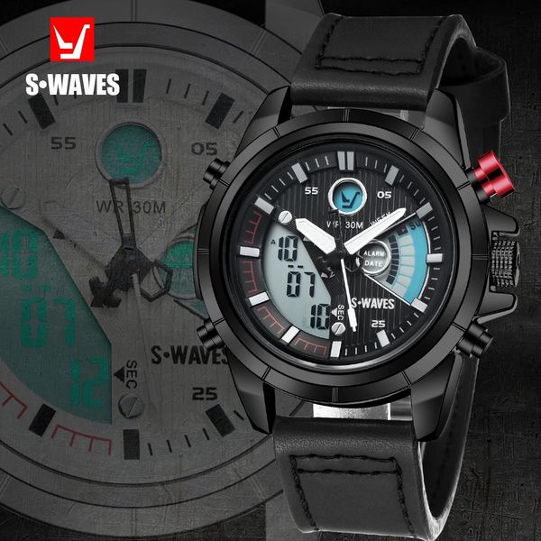 

men's swaves watch leisure electronic double display men's watch waterproof belt multi-functional trend watch, Slivery;brown