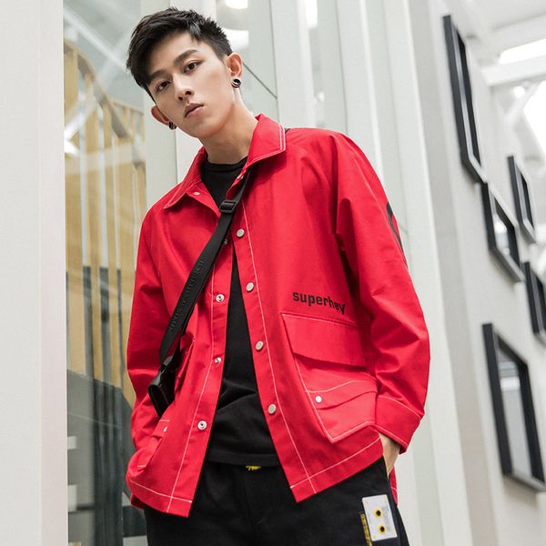 

city men's wear | 2019 autumn ins popular brand origional japanese-style casual printed letter long-sleeved shirt men jacket, Black;brown