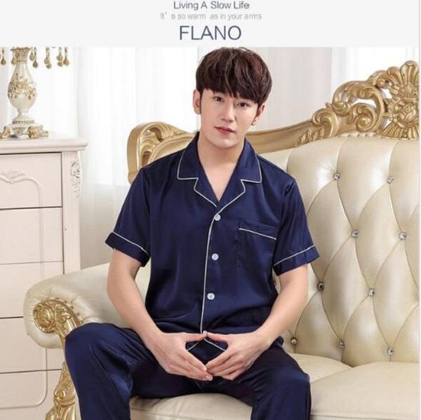 

short sleeve pajamas summer sleepwear sets mens shirt pants suit night robe male home wear 2pc nightwear sleep bath gown, Black;brown