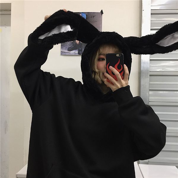 

fall-winte hooded plush fleece ear hooded kawaii solid pocket balck sweatshirt pullover hoodies women plus size loose, Black