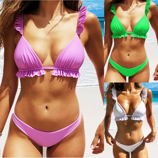 

women bikini hollow out swimsuit female ruffle halter brazilian bikinis set push up swimwear flouncing bathing suit biquini