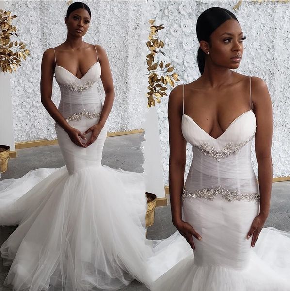 

2020 arabic aso ebi mermaid illusion wedding dresses spaghetti straps backless beaded crystals wedding dress bridal gowns, White