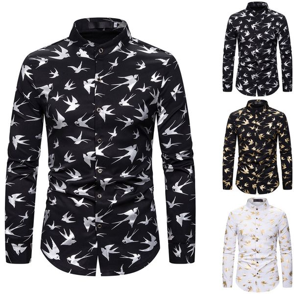 

men casual turn-down collar long sleeve shirt gentleman printing wedding hawaiian plus size camisa hombre s-2xl streetwear, White;black