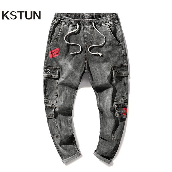 

cargo jeans men harem pants thin retro gray relaxed tapered jean elastic drawstring waist and baggy legs joggers jeans printed multi pockets, Blue