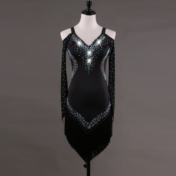 

new women's off-the-shoulder long-sleeved latin dance costume ladies competition dress latin dance tassel performance dress, Black;red