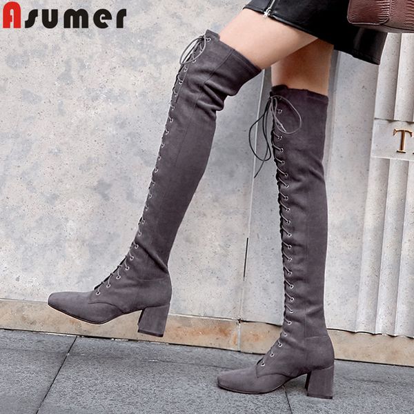 

asumer 2020 new suede leather boots square toe lace up ladies prom boots thick high heels ladies prom autumn winter, Black