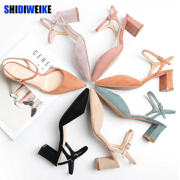 

shoes woman 2019 summer flock square high heels shoes ankle straps women sandals elegant point toe office lady dress pumps, Black