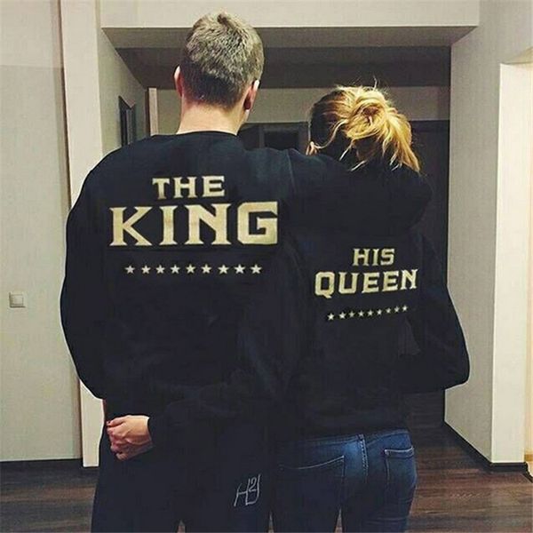 

east knitting h1065 2019 new fall the king his queen funny letter print sweatshirts men/women casual lovers pullover sweatshirt, Black