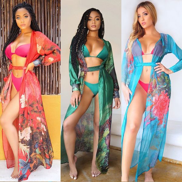 

printed bikini swim swimsuit long-sleeved long overhang + solid color bikini suit three-piece set, White;black