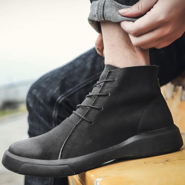 

winter with fur warm snow boots men fashion leather men boots winter work shoes footwear rubber ankle shoes hx-070, Black