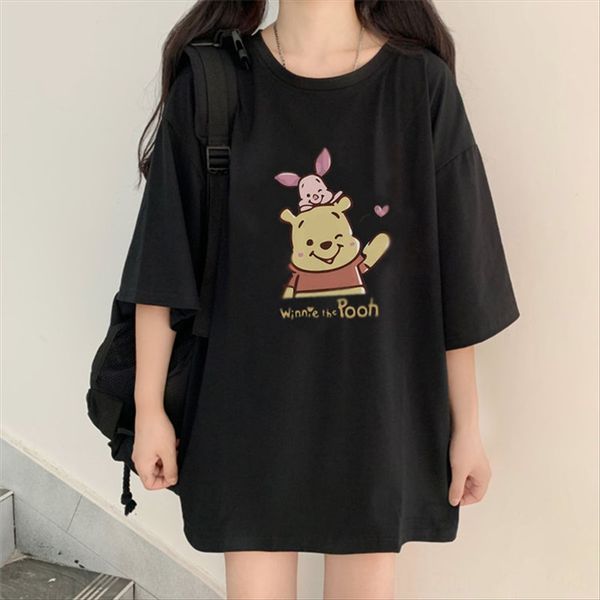 

little bear cartoon female loose bf cotton t-shirt academic style cec short-sleeved cotton t-shirt student girlfriends wear summer, White