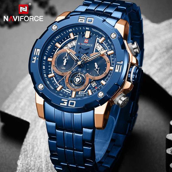 

naviforce mens watches sport chronograph watch men quartz wristwatch date steel strap waterproof clock relogio masculino, Slivery;brown