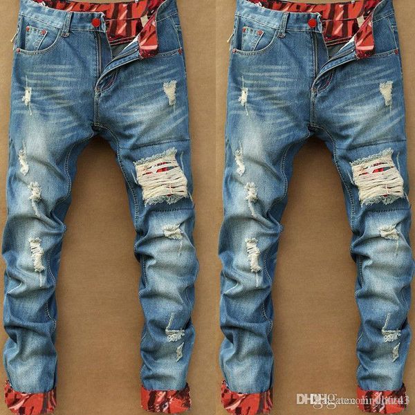 

ripped jeans men's retro elasticity slim youth fashion streetwear personality quality comfortable male denim trousers sale, Blue