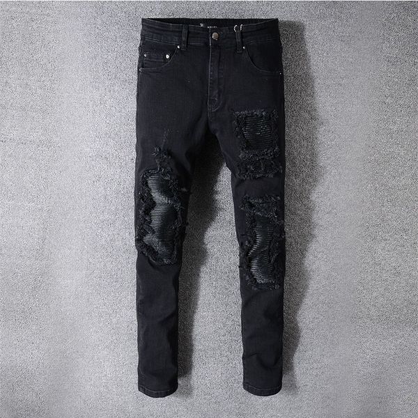 

mens distressed destroyed jeans fashion black solid pants casual slim fit patched male jeans denim trousers, Blue
