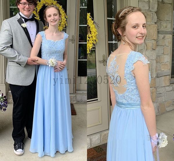Light Sky Blue Bridesmaid Dresses Square Floor Length Illusion
