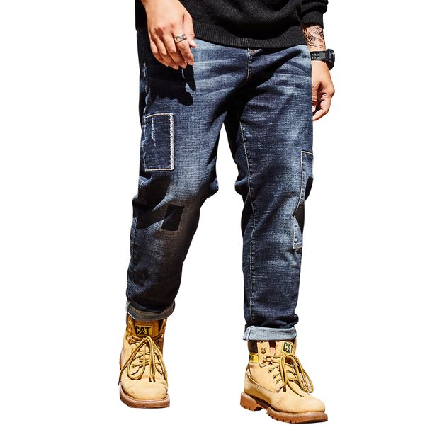 

high street fashion men's jeans casual jogger patchwork beggar denim pants men brand hip hop blue pants plus size 30-40 42 44 46