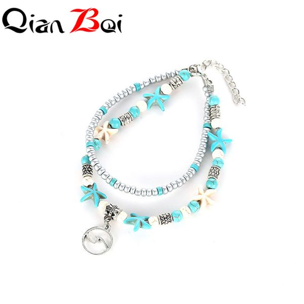

qianbei bohemia women anklet bracelet on the leg fashion foot jewelry turtle ankle bracelets for women leg chain, Red;blue