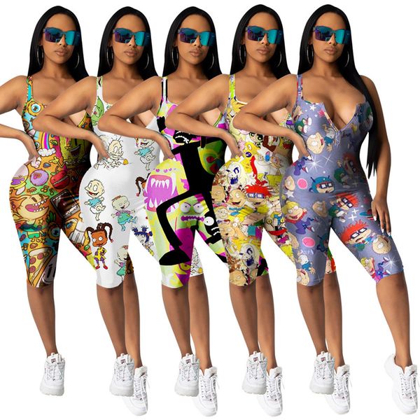 

european and american cartoon printed one-piece pants fashion casual suspender women's vest shorts, Black;white