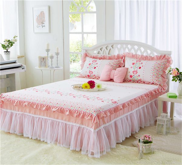 

white pink flower 3pcs lace bed skirt soft pillowcases wedding princess style bedding girls bedspread gift king/queen/full size